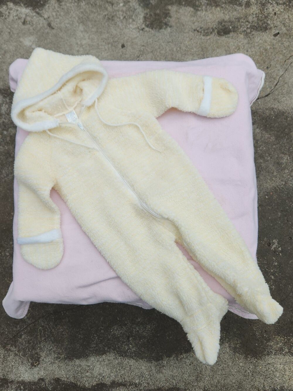 VTG Health-Tex Fleece Baby Hooded Romper Pastel Yellow & White Striped 6-12 Mos